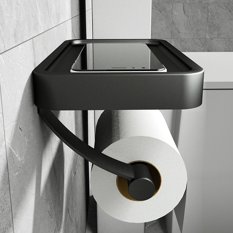 Black Metal Toilet Paper Holder | Wall-Mounted Shelf for Essentials