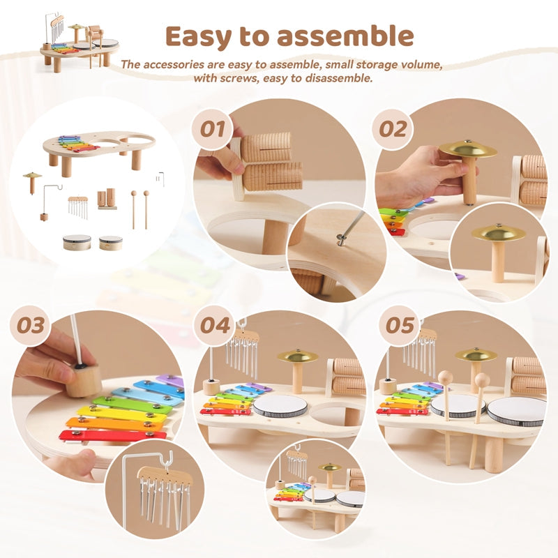 Wooden Music Table for Kids | Xylophone, Drums, and Cymbals Included