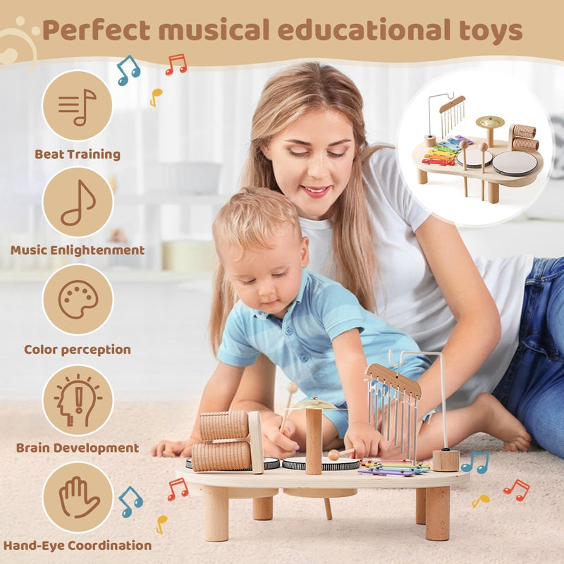 Wooden Music Table for Kids | Xylophone, Drums, and Cymbals Included