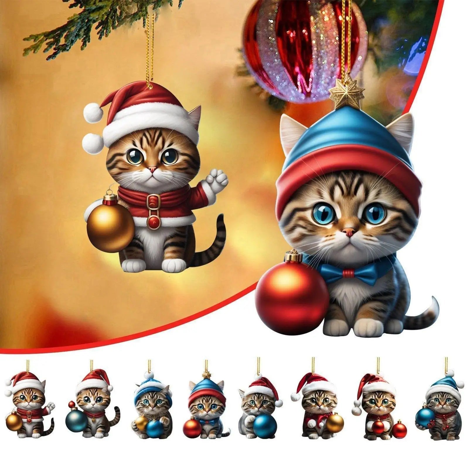 Cat Christmas Ornaments Set | Whimsical Acrylic Holiday Decor