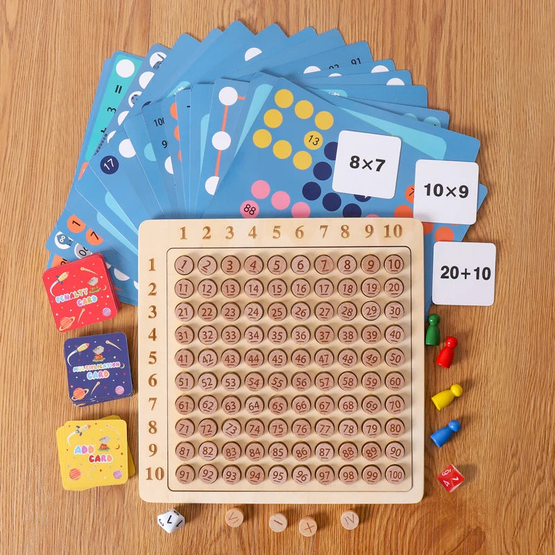 Educational Math Game Board | Wooden Play Set with Dice and Cards