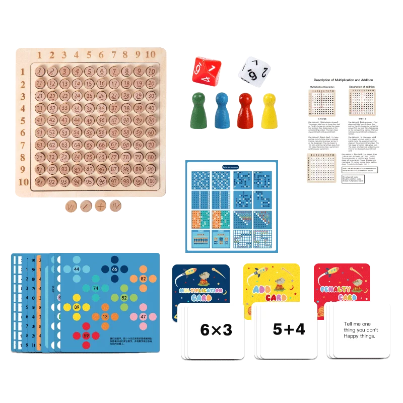 Educational Math Game Board | Wooden Play Set with Dice and Cards