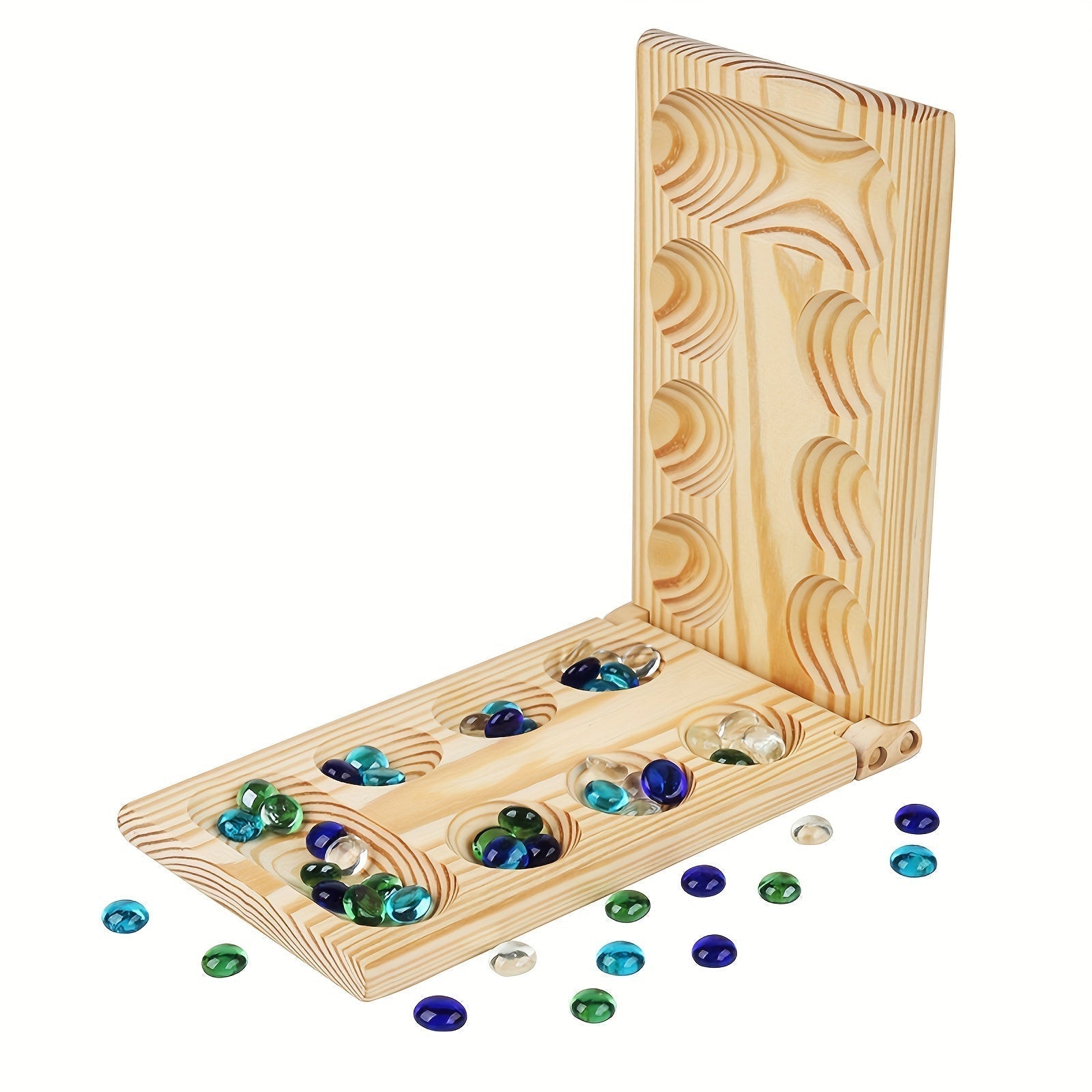 Mancala Travel Game | Deluxe Wooden Board with Glass Tiles