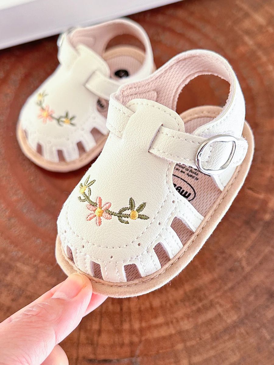 Baby Girls' Sandals | Soft Faux Leather with Floral Embroidery