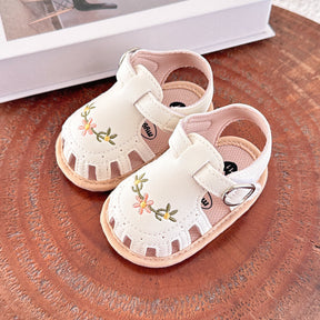 Baby Girls' Sandals | Soft Faux Leather with Floral Embroidery