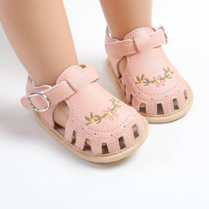 Baby Girls' Sandals | Soft Faux Leather with Floral Embroidery