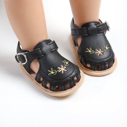 Baby Girls' Sandals | Soft Faux Leather with Floral Embroidery