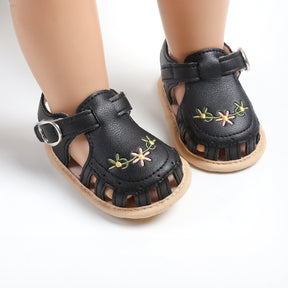 Baby Girls' Sandals | Soft Faux Leather with Floral Embroidery