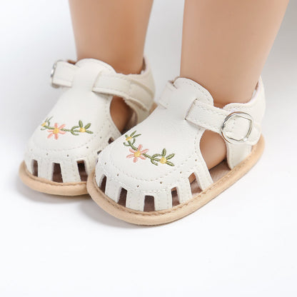 Baby Girls' Sandals | Soft Faux Leather with Floral Embroidery
