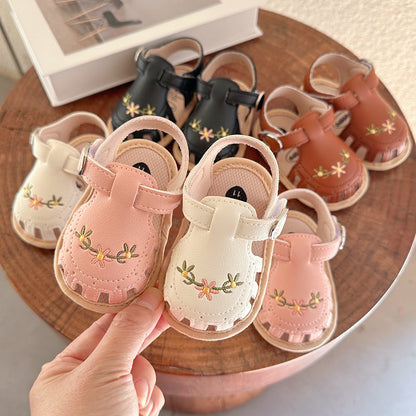Baby Girls' Sandals | Soft Faux Leather with Floral Embroidery