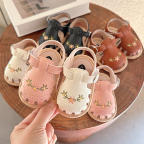 Baby Girls' Sandals | Soft Faux Leather with Floral Embroidery