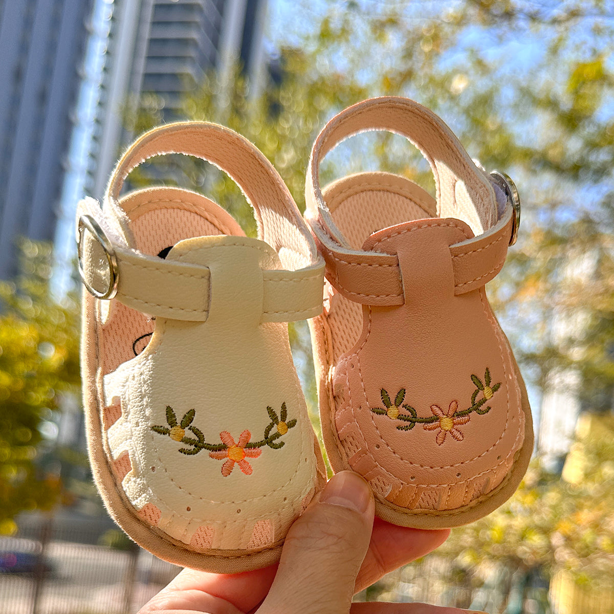 Baby Girls' Sandals | Soft Faux Leather with Floral Embroidery