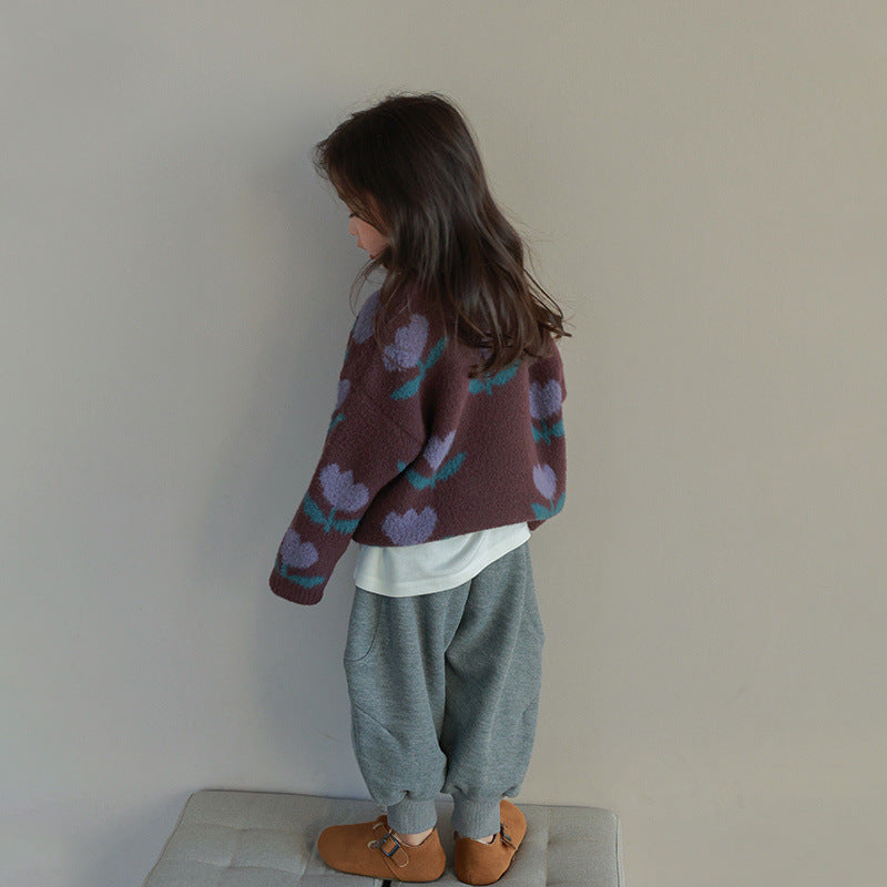 Girls' Tulip Print Sweater | Soft Cotton for Comfort
