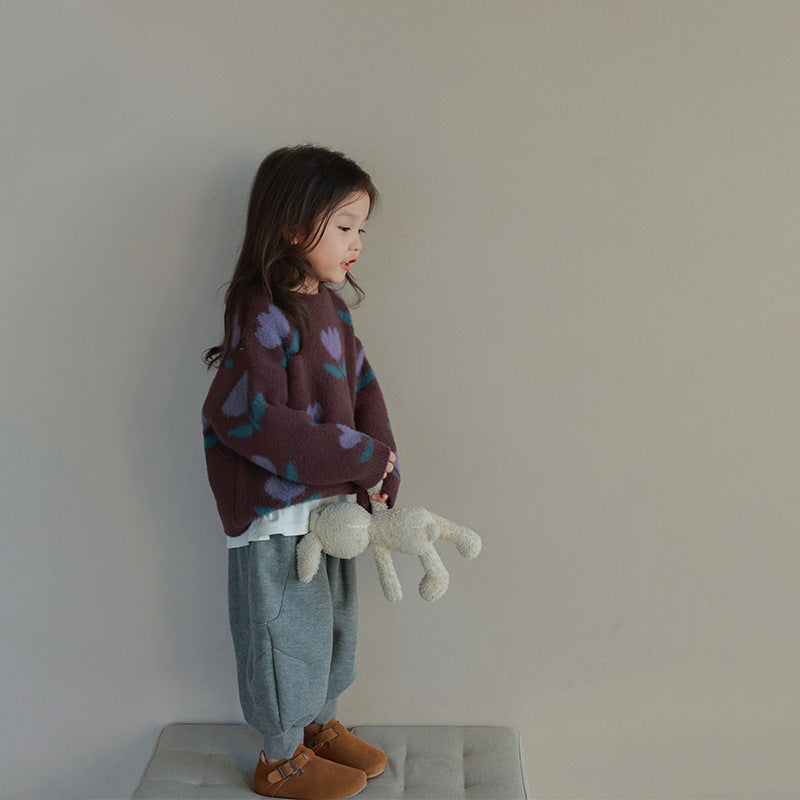 Girls' Tulip Print Sweater | Soft Cotton for Comfort