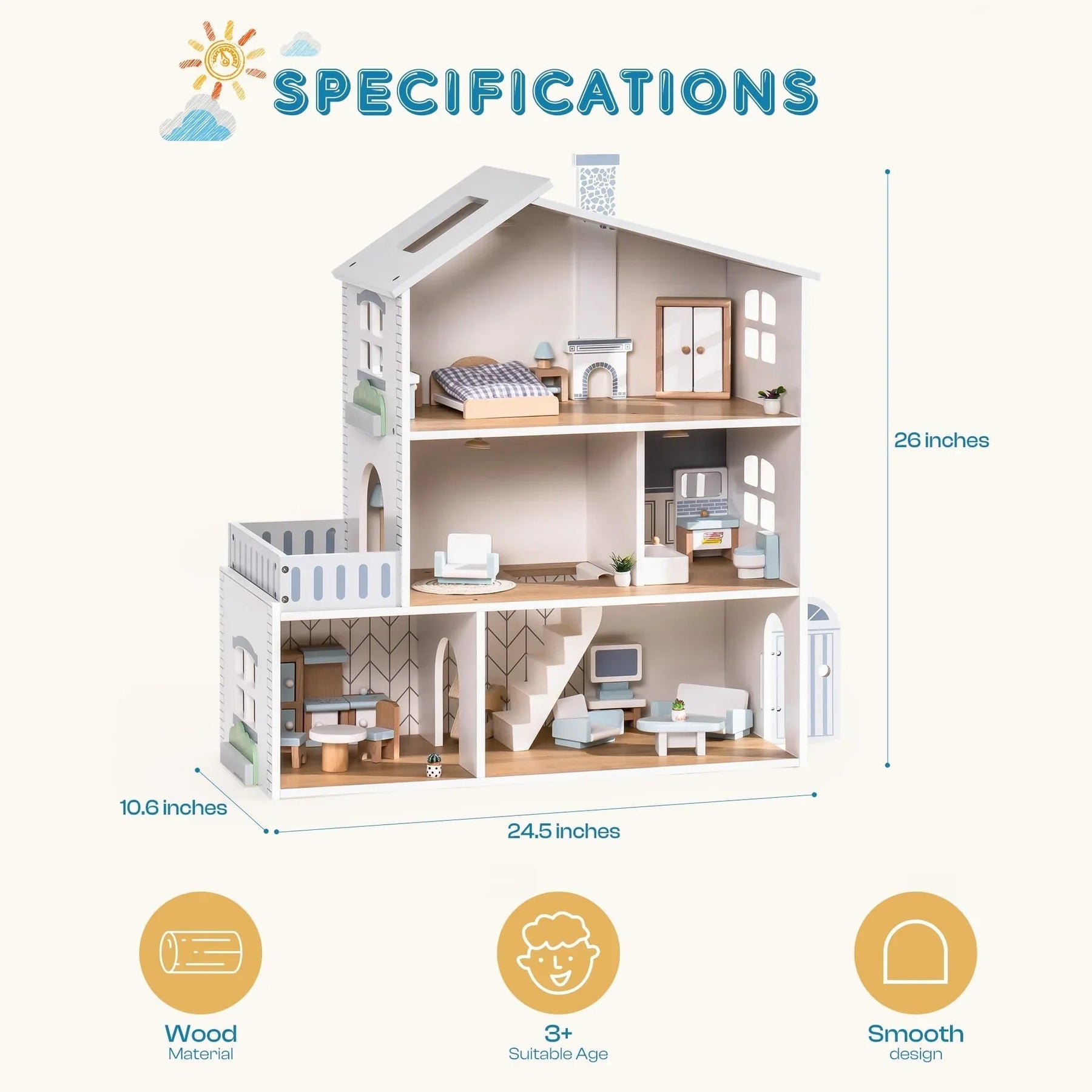 Wooden Dollhouse for Kids | Spacious 6-Room Creative Playhouse
