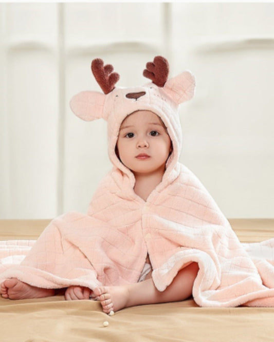 Baby Bath Cape Pink Deer | Soft Cotton for Ages 0-3