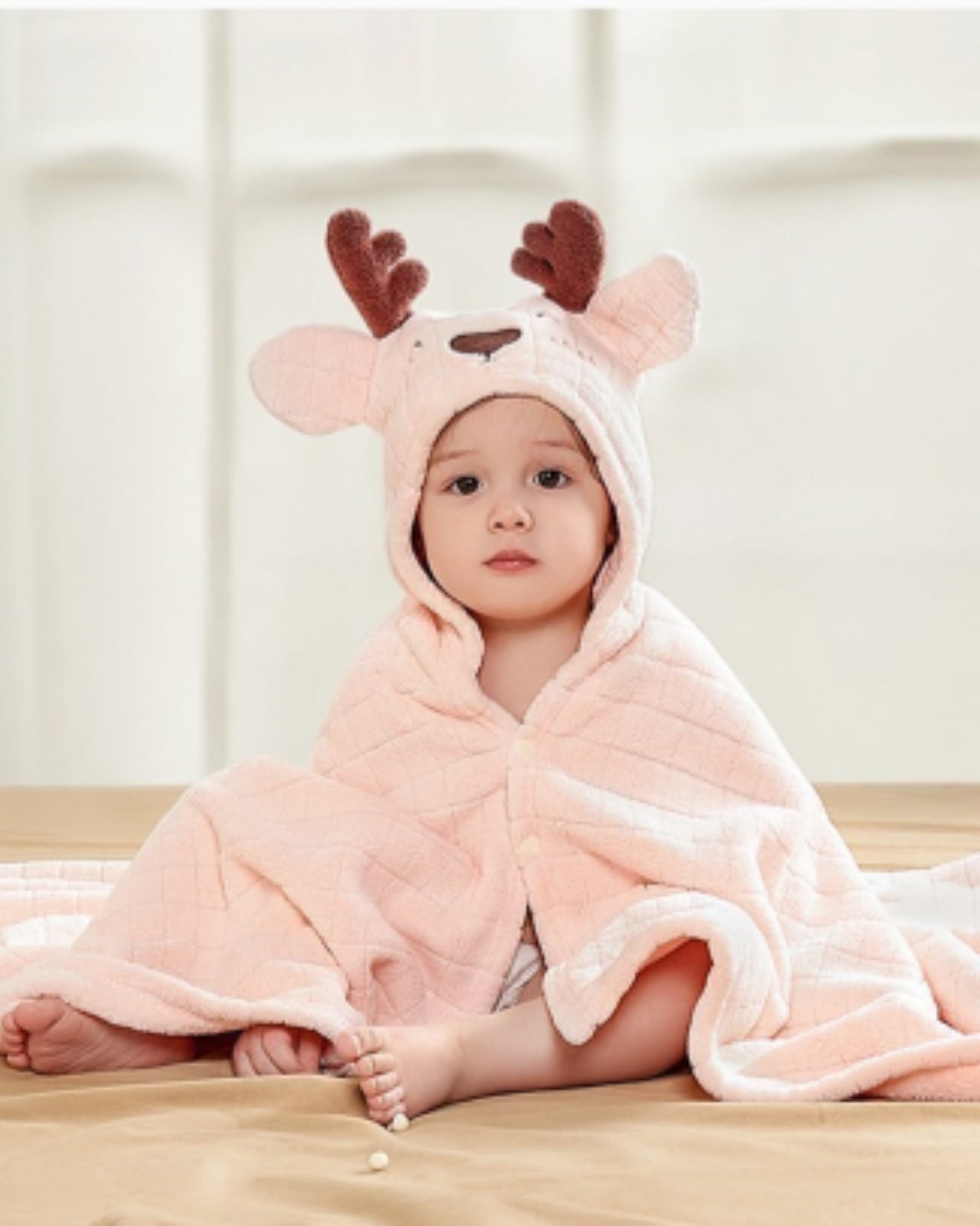 Baby Bath Cape Pink Deer | Soft Cotton for Ages 0-3