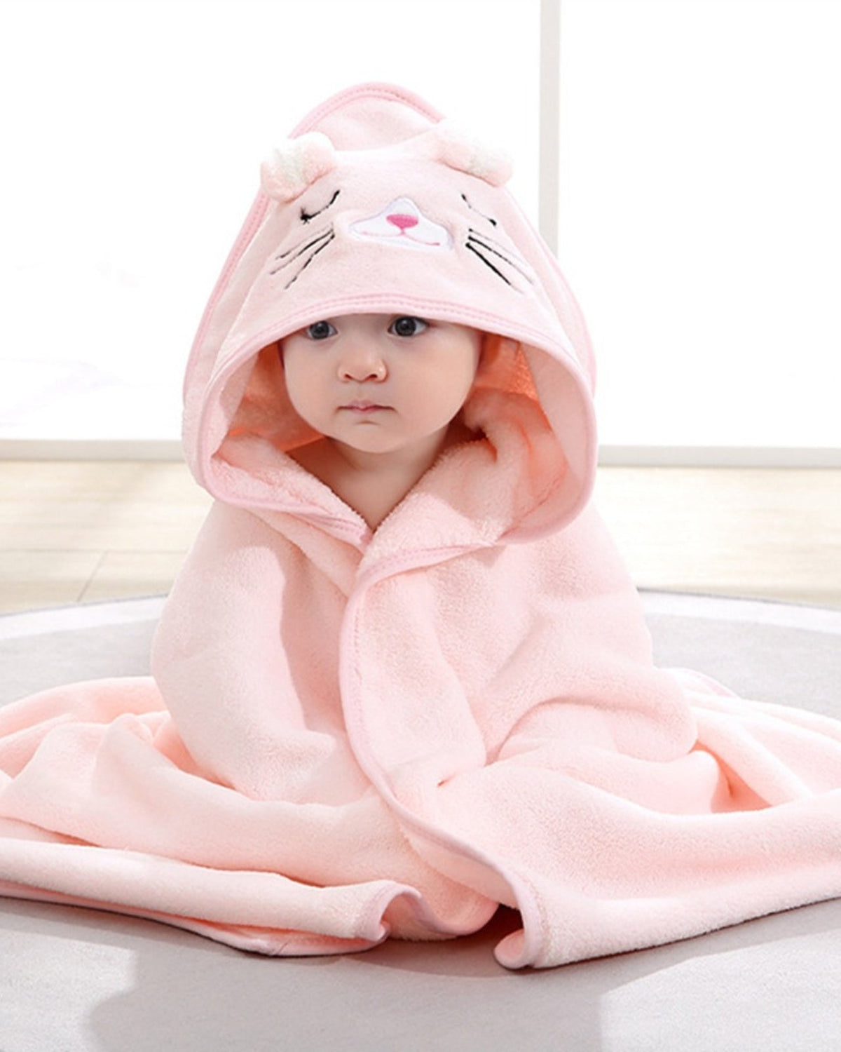 Baby Bath Cape for Toddlers | Soft Pink Cat Design with Snap Buttons