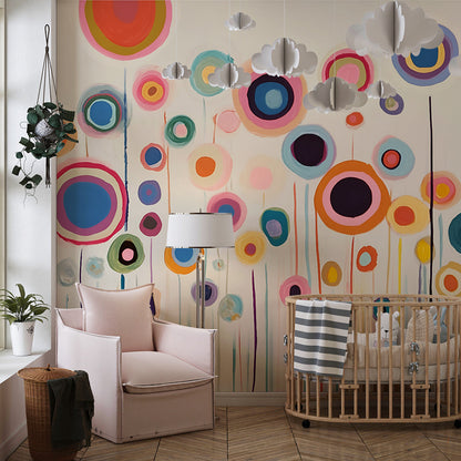 Kids-Mundo abstract floral wall mural bringing bold colour to a children's playroom