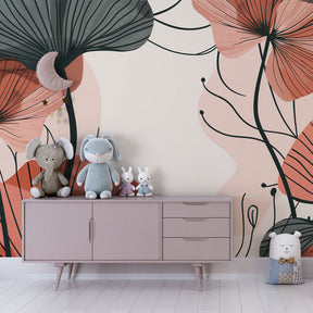 Soft floral mural wallpaper complementing light furniture in child's room interior design