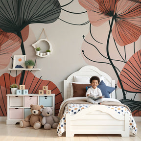 Abstract floral mural wallpaper with soft pink green flowers in modern nursery by Kids-Mundo