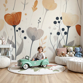 Abstract floral mural wallpaper in terracotta and cream tones decorating modern nursery by Kids-Mundo