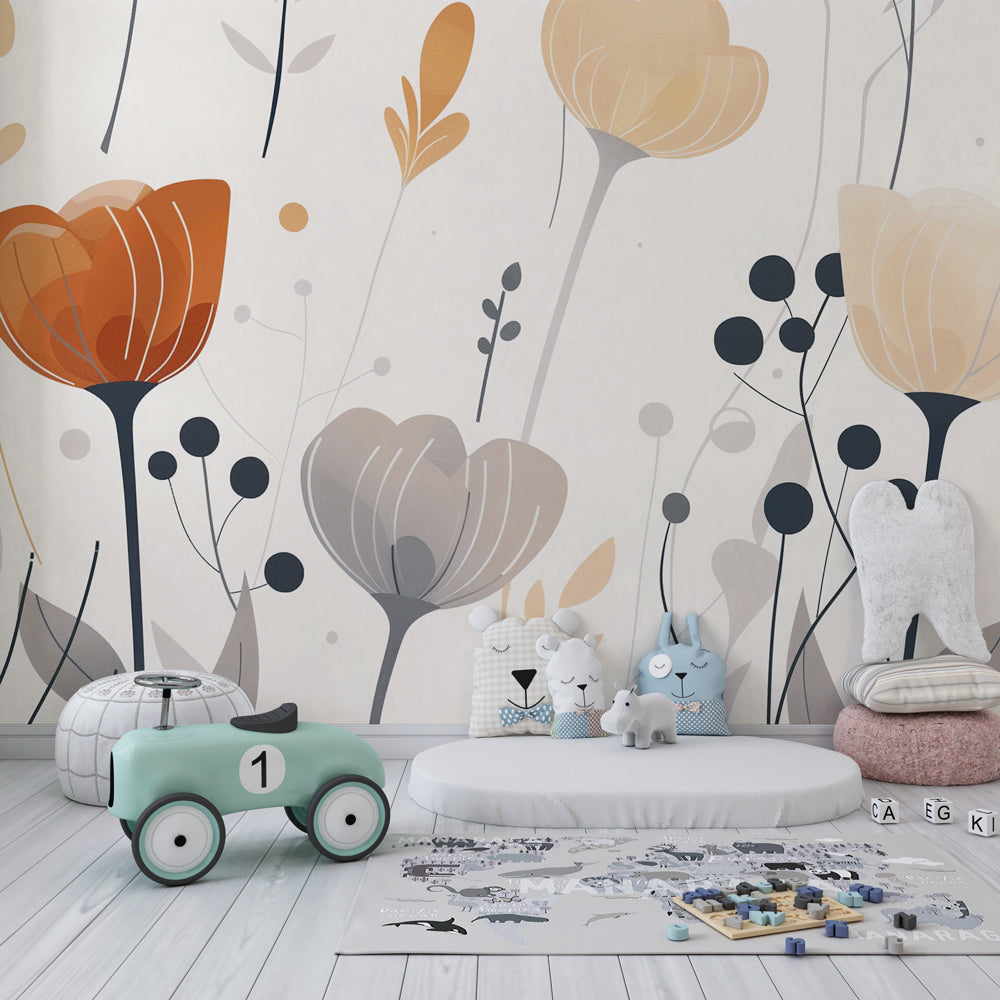 Abstract botanical mural wallpaper with earth tones enhancing cozy nursery interior design