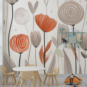 Abstract botanical mural wallpaper enhancing children's playroom with sophisticated floral design