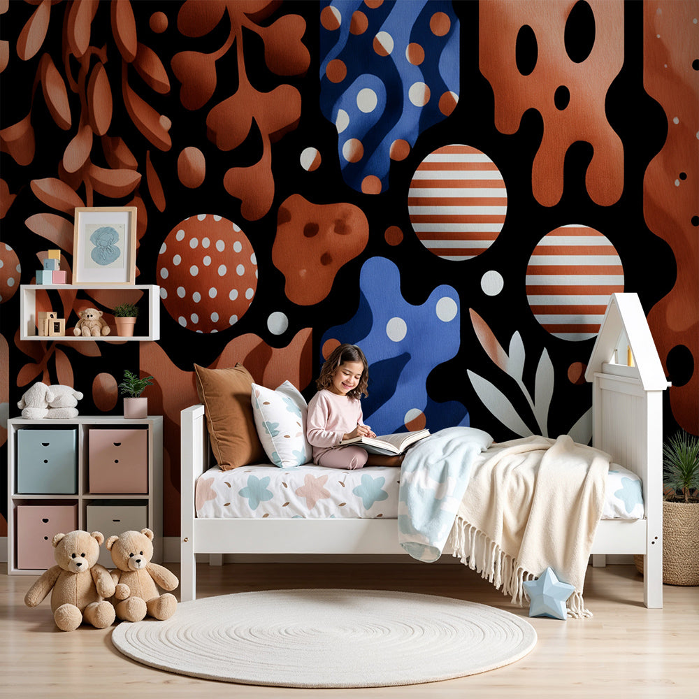 Kids-Mundo bold geometric wall mural styled in a colourful terracotta nursery
