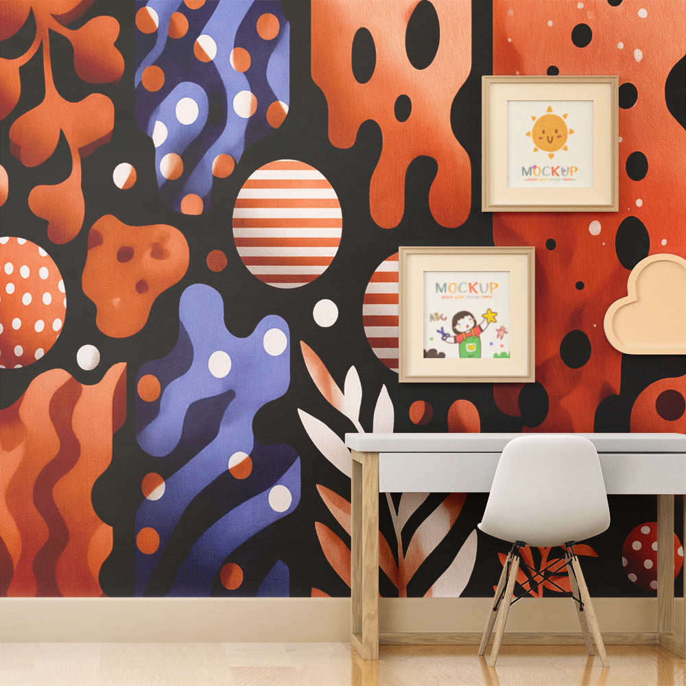 Kids-Mundo abstract geometric wall mural adding energy to a lively playroom
