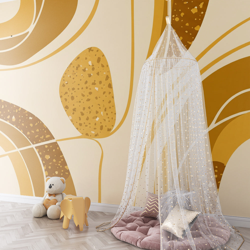 Kids-Mundo golden swirls mural covering a playroom wall with soft furnishings