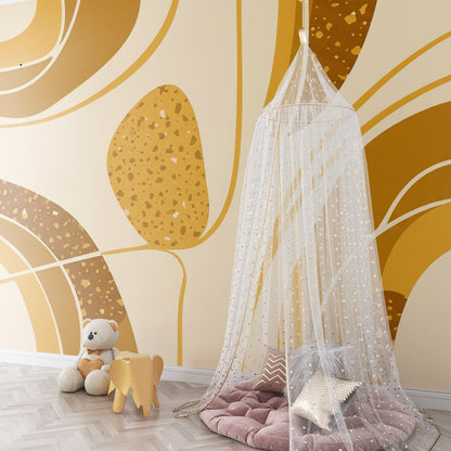 Kids-Mundo golden swirls mural covering a playroom wall with soft furnishings
