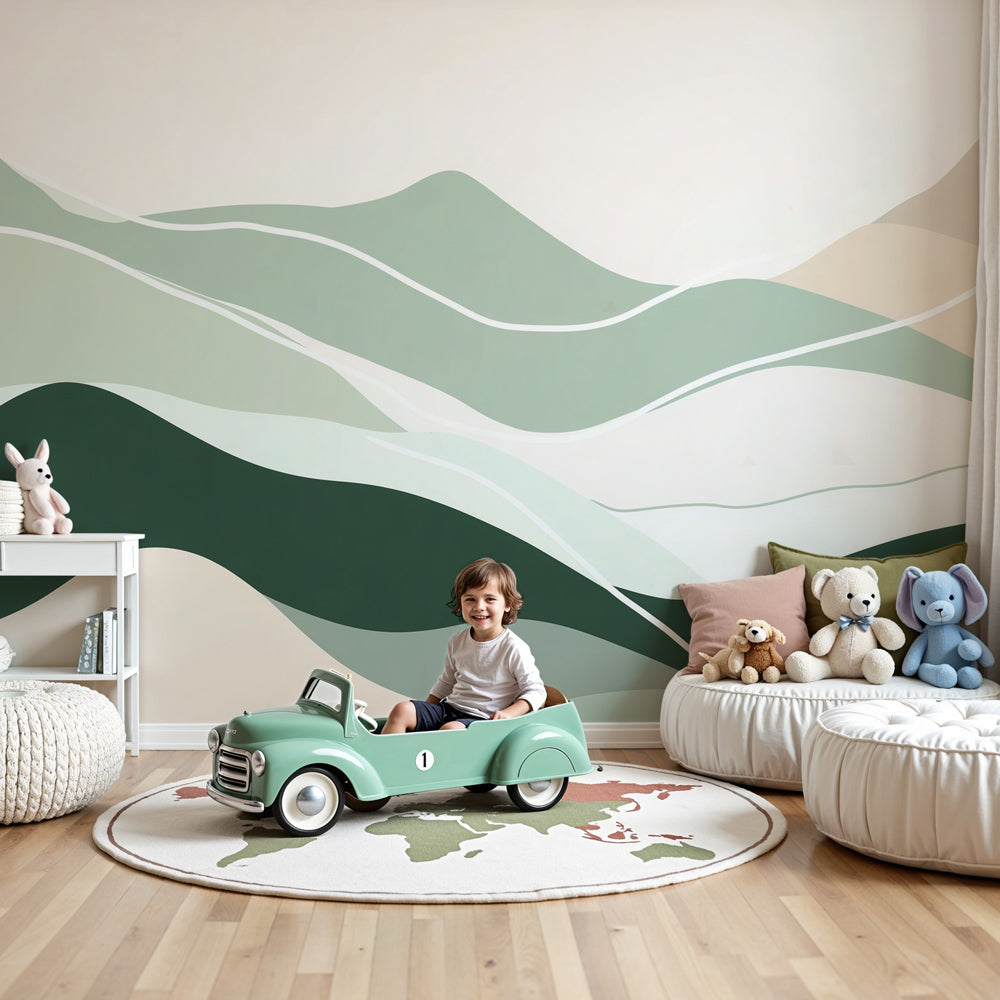 Kids-Mundo pastel mountain wall mural styled behind a cot in a calm, minimalist nursery.