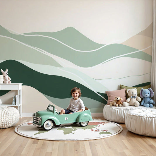 Kids-Mundo pastel mountain wall mural styled behind a cot in a calm, minimalist nursery.