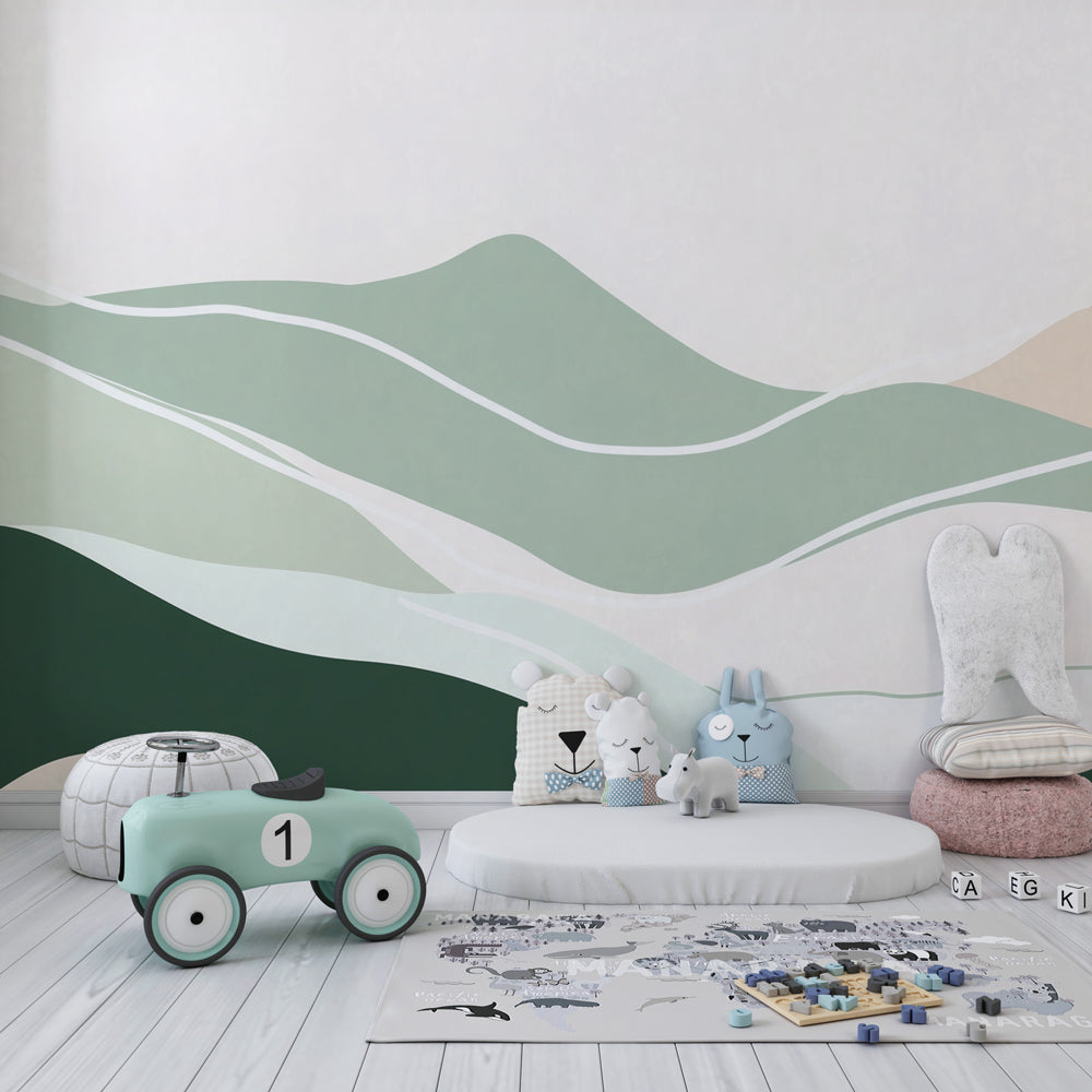 Kids-Mundo abstract pastel mountain wall mural adding calm colour to a bright playroom wall.