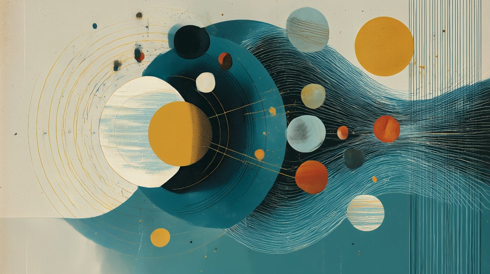 Kids-Mundo flat artwork of an abstract solar system in amber and teal circles