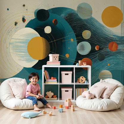 Kids-Mundo abstract solar system wall mural styled in a warm toned nursery room
