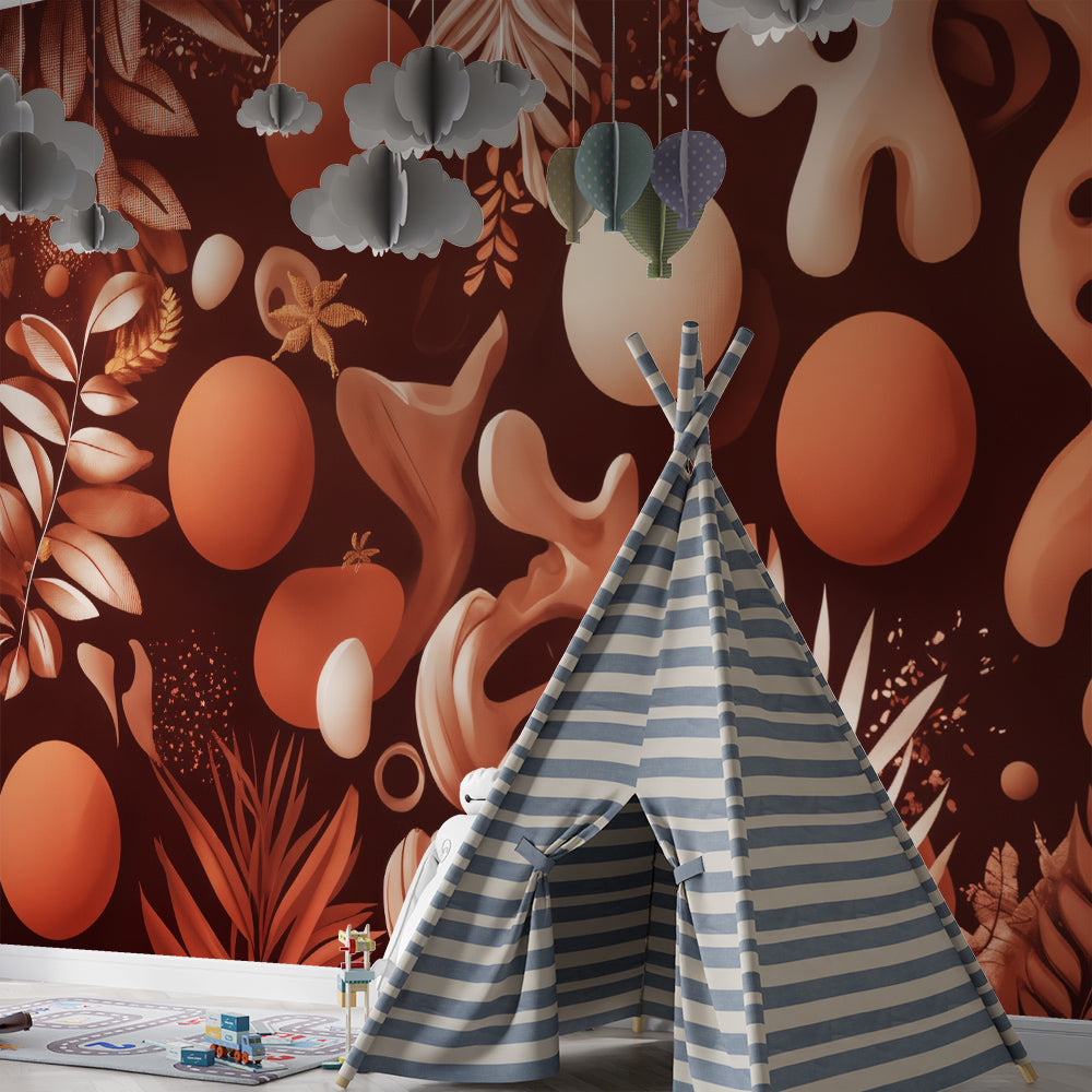 Kids-Mundo terracotta abstract mural bringing colour to a modern kids bedroom