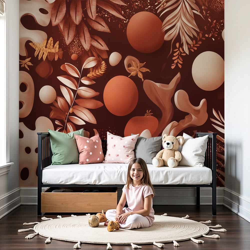 Kids-Mundo abstract terracotta foliage wall mural styled in a warm nursery