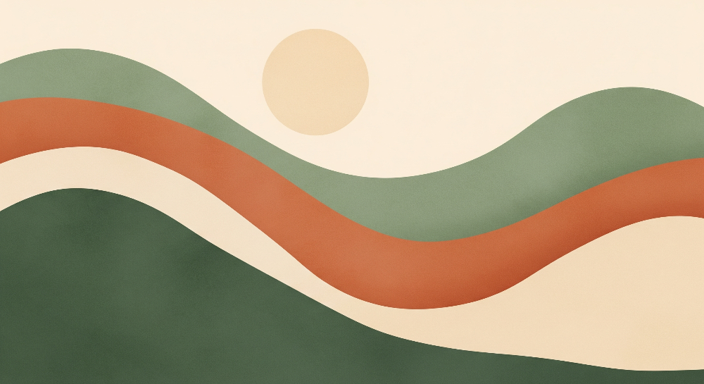 Kids-Mundo flat artwork of abstract rolling waves in sage green, terracotta and cream with a pale sun