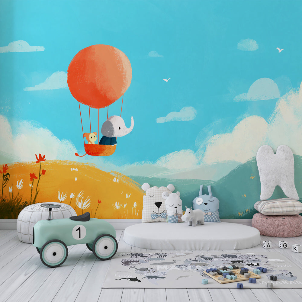 Adventure balloon wallpaper creating magical children's bedroom decor with animal characters