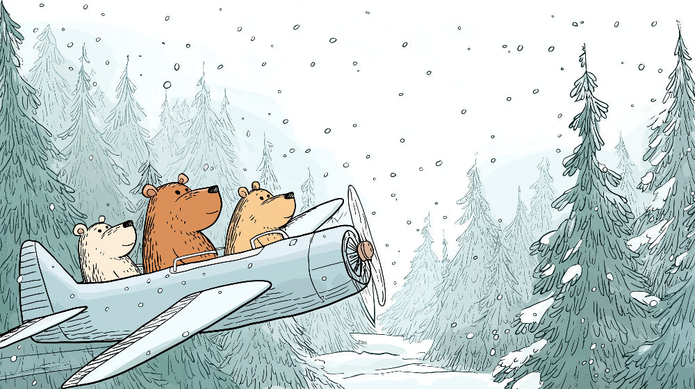 Detailed adventure bears flying airplane winter mural wallpaper design pattern by Kids-Mundo