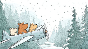 Detailed adventure bears flying airplane winter mural wallpaper design pattern by Kids-Mundo