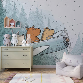 Flying bears winter wallpaper creating magical atmosphere in children's bedroom decor