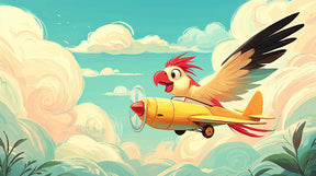 Detailed adventure bird with yellow airplane mural wallpaper design pattern by Kids-Mundo