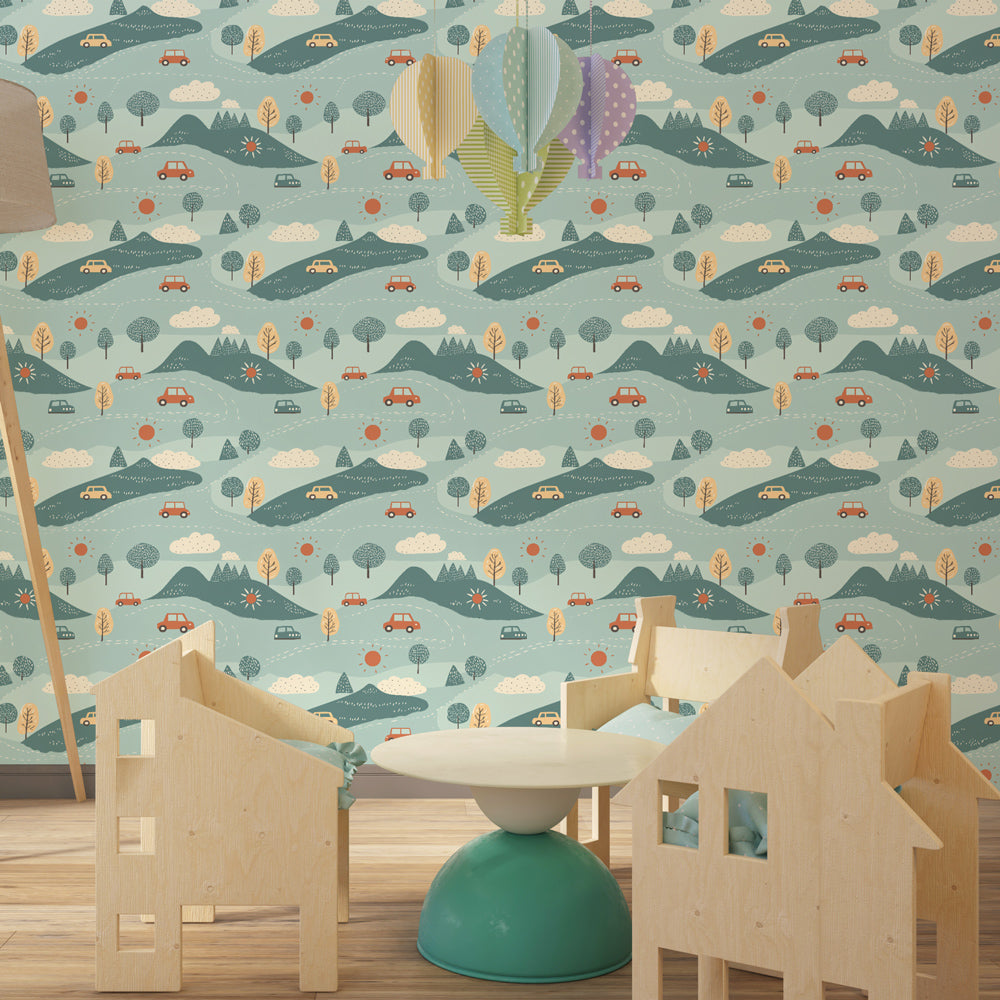 Nature adventure mural wallpaper in modern kids bedroom with colorful cars and hills by Kids-Mundo