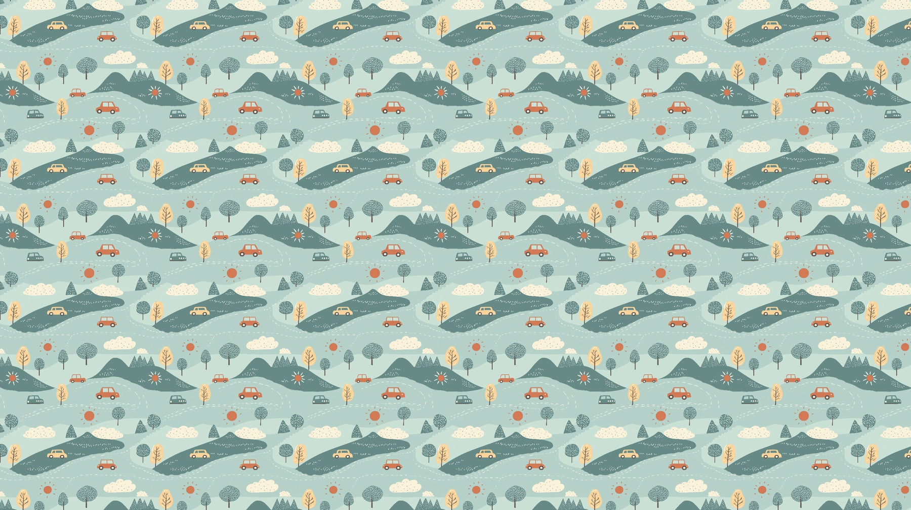 Detailed adventure cars mural wallpaper design pattern with rolling hills and vehicles by Kids-Mundo