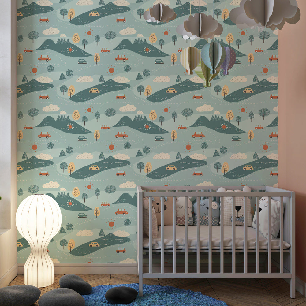Cars and landscape mural wallpaper transforming children's playroom into adventure zone by Kids-Mundo