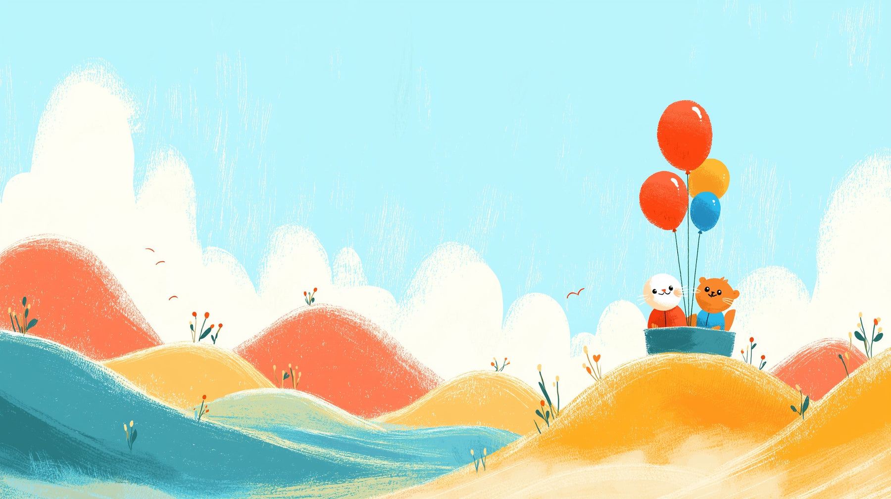 Detailed adventure hills mural wallpaper design pattern with animals and balloons by Kids-Mundo