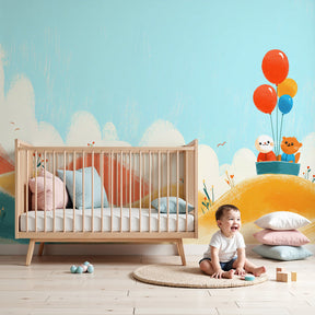 Adventure hills mural wallpaper with animal boat scene in modern nursery by Kids-Mundo